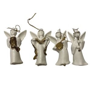 4 Vintage‎ Enesco 1987 White Gold Porcelain Angel Choir Ornaments Figurines